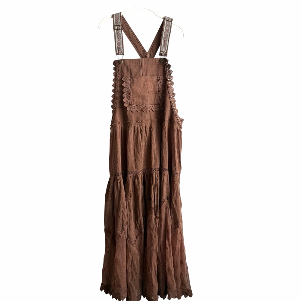 Free People Trails End Skirtall Lace Crochet Overalls Maxi Dress Size XL Brown - Picture 2 of 6